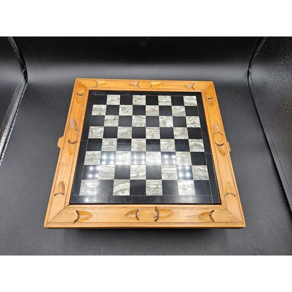 Hand Carved Wooden Marble Chess Board Set w/2 Drawers White Black Onyx Pieces - Picture 3 of 11